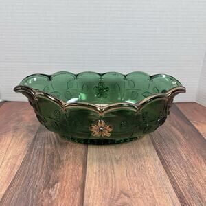 Antique CA. 1915 United States Glass Green Bowl Dogwood Paneled Floral Pattern